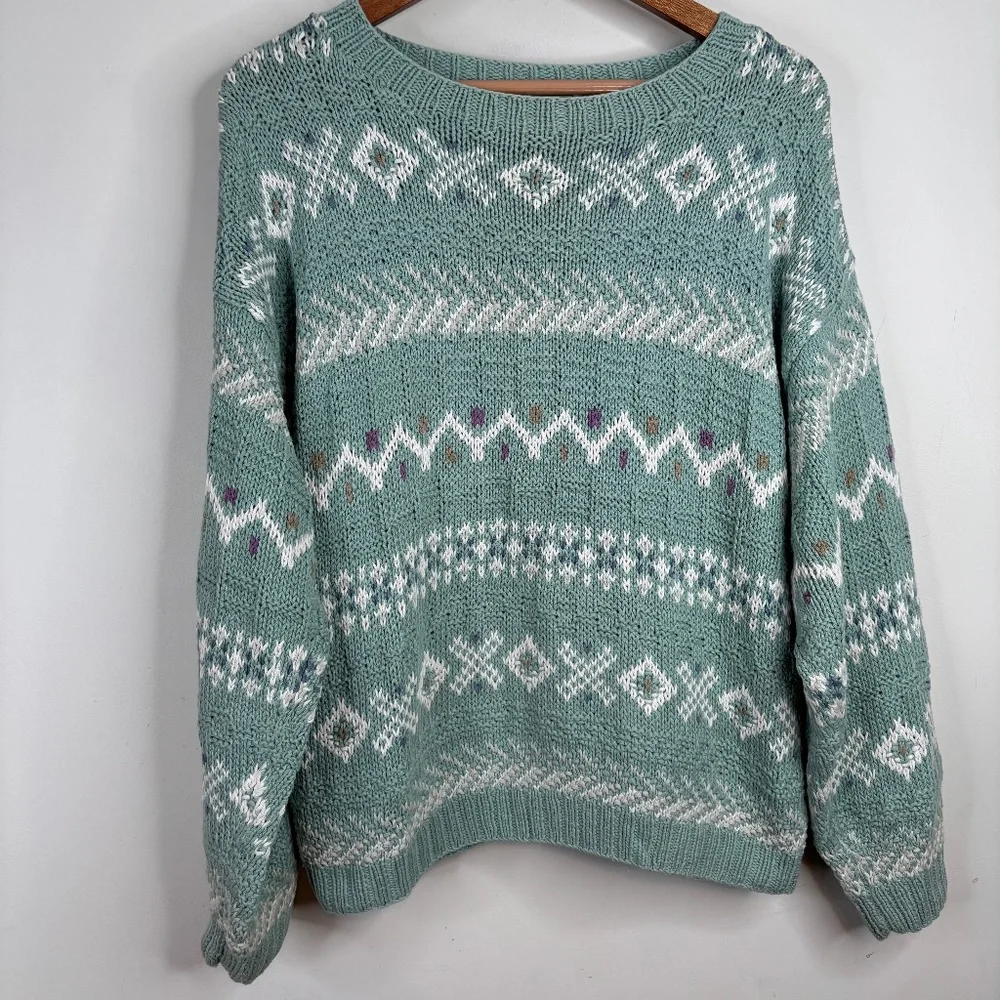 Vintage LL Bean Sweater Geometric Cottage Boho Retro Grandma Coastal Cotton - Picture 1 of 9